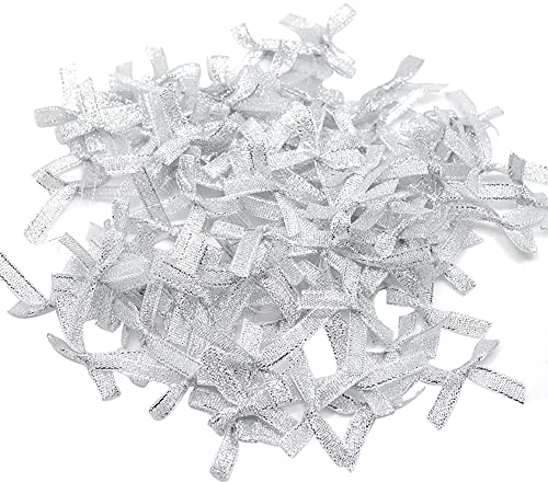 Wambere 100 STK 6mm Satin Band Deko Schleifen Fertigschleife Geschenkschleifen, Satinband Schleifen für DIY Basteln Hochzeit Valentinstag Weihnachten Dekoration Kartenherstellung Verzierungen,Silber