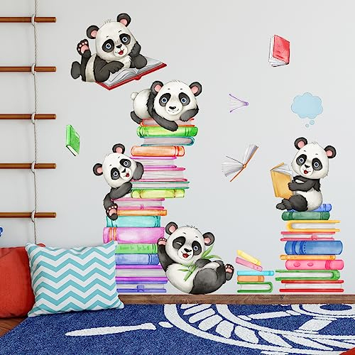 HGDESIGN® Wandtattoo Wandaufkleber Panda Bücher Kinderzimmer Babyzimmer Kind Baby Junge Mädchen Wandsticker Wandbild Wanddeko (A)