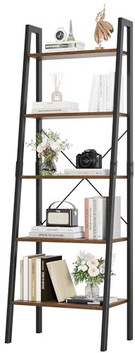 finetones Scaffale a scala a 5 livelli, libreria a scala con telaio in metallo, scaffale per piante, scaffale per piante per casa e ufficio, nero/marrone rustico
