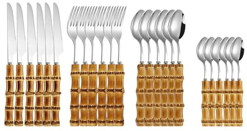 EVURU-Juego de vajilla de bambú, 24 Uds., Mango Natural de Acero Inoxidable, vajilla Retro, Cubiertos, Cuchillos para Carne, Mesa