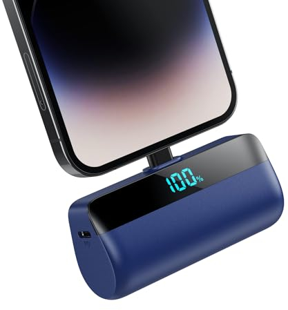 Feob Mini Power Bank para iPhone, 5200mAh 20W PD Cargador Portátil Ultra Compacto Batería Externa Powerbank con Pantalla Digital Compatible con iPhone 14/14 Pro Max/13 Pro/13/12/11/XR/XS/8/7/6s-Azul