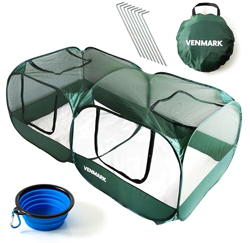 Venmark Portable Chicken Coop - Small Animal Playpen and Pop Up Chicken Coop Run - Transparent Breathable Mesh Net and Foldable - Complete with Collapsible Food/Water Bowl