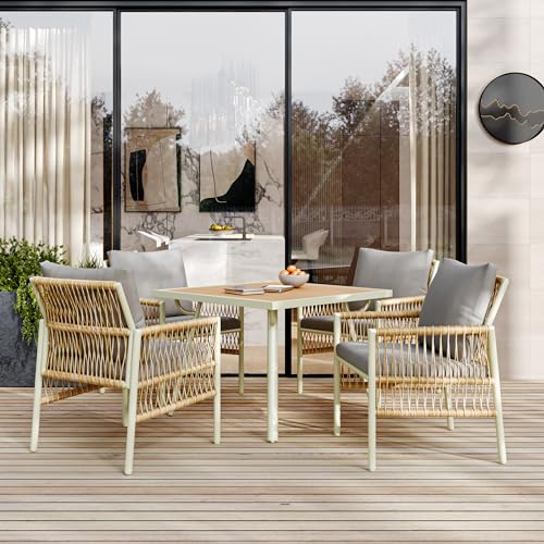 Kayan 5-TLG Gartenmöbel Set, Sitzgruppe mit Gartentisch aus WPC-Tischplatte & 4 Stühlen für 4 Personen, Essgruppe Sitzgarnitur, Outdoor Gartengarnitur, inklusive Sitzkissen (Beige)