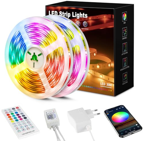 Beaeet Striscia LED 30 Metri, Luci LED 5050 RGB per Camera, con Telecomando a 40 Tasti e Controllo tramite APP Bluetooth, Ideale per Natale, Matrimoni e Feste (15m*2)