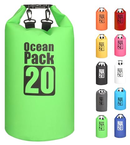 Vert 20L Sac étanche Polyvalent, 2L/5L/10L/15L/20L/30L Waterproof Dry Bag avec Longue Bandoulière Réglable Sac à Dos Confort Imperméable pour Bateau/Kayak/Pêche/Rafting/Natation/Camping/Snowboard