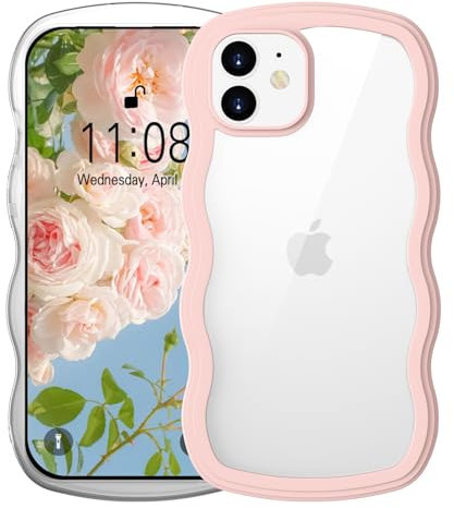 WXX for iPhone 11 Case, Cute Curly Wave TPU Frame Clear Hard PC Back Case for Women and Girls, Shockproof Protective Phone Case Cover for iPhone 11 6.1 Inch-Pink