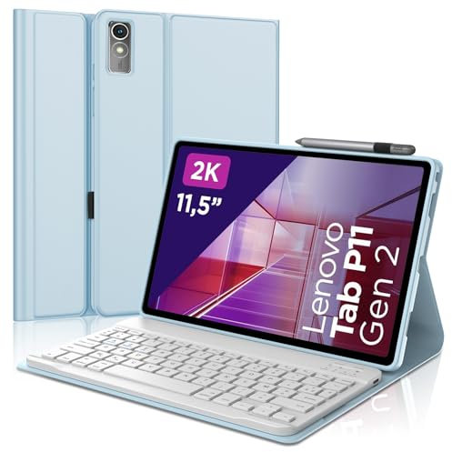 IVEOPPE Clavier pour Lenovo Tab p11 2nd gen 11.5 Pouces, Coque Étui Clavier AZERTY Français Détachable Bluetooth pour Lenovo Tab P11 2nd Gen, Bleu Ciel