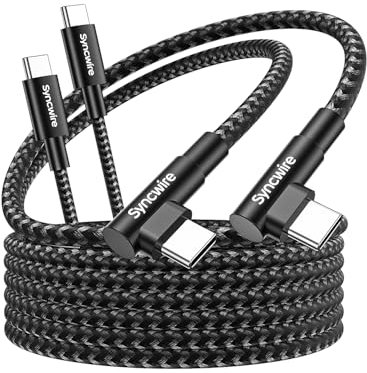 SYNCWIRE USB C to USB C Charger Cable, 2 Pack 6.6ft Type C 60W Fast Charging Cord, Nylon Braided Right Angle Cable for iPhone 15/15 Pro/15 Plus/15 Pro Max, Samsung Galaxy S24, iPad, MacBook Black