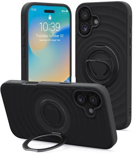 Mowei Compatible with iPhone 16 Case, Magnetic Dual 360° Comfort Ring Grip Holder Stand, Military-Grade Drop Protection with Built in Kickstand, Anti-Slip Edge-Charcoal Black