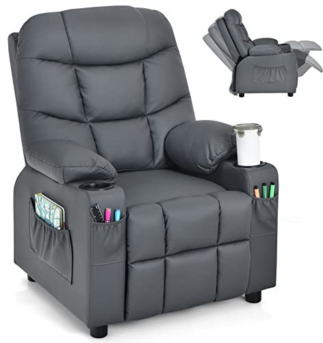 GYMAX Kids Sofa Chair, PU Leather Children Recliner Armchair with Adjustable Backrest & Footrest, Cup Holder and Side Pockets, Upholstered Toddler Lounge Chair for Boys Girls (Grey)