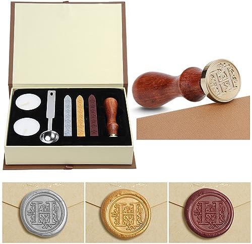 Siegelwachs-Set,Classical Old-Fashioned Antique Wax Stamp Seal Kit Initial Letters Alphabet Set Gift Box with Vintage Wooden Handle and Brass Color Head, Siegelstempel-Wachsset, Geschenkbox (H)