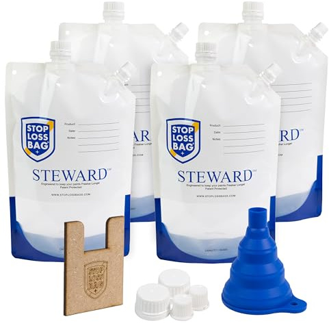 Steward Paint Storage DIY Pack - Set of 4 Reusable Saver Bags With Funnel, Filler Clip & Extra Caps, Airtight and Durable Storage (1 Liter Each)