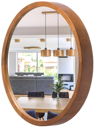 Wandspiegel mit Holzrahmen (∅37 cm) - Spiegel Rund Rustikal - Kleine LEJA | Massivholz, Einfache Montage, EU-Produktion, 4 mm Spiegelglas, Sicherer Metallhaken, Pflegeleicht