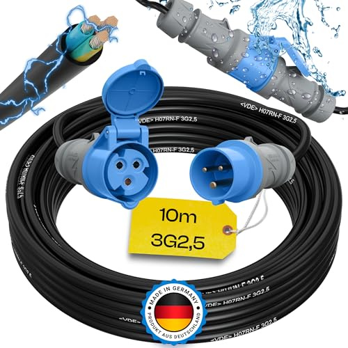 maxgo Camping Stromkabel 10m Wohnwagen Kabel Wohnmobil CEE Stecker Verlängerungskabel 3 Polig 3x2,5 Campingkabel 10 Meter Strom Verlängerung H07RN-F Camper Outdoor Mennekes