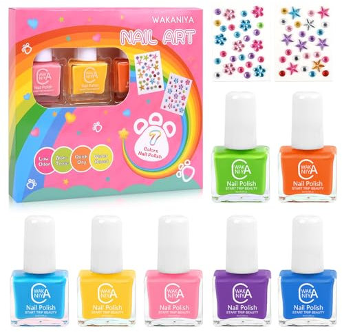 wakaniya Kids Nail Polish Set for Girls, 7 Candy Colors Non Toxic Water Base Nail Varnish with Star Diamond Stickers, Low Odor Quick Drying Peel off Mini Nail Polish Kit for Kids Toddlers 3+