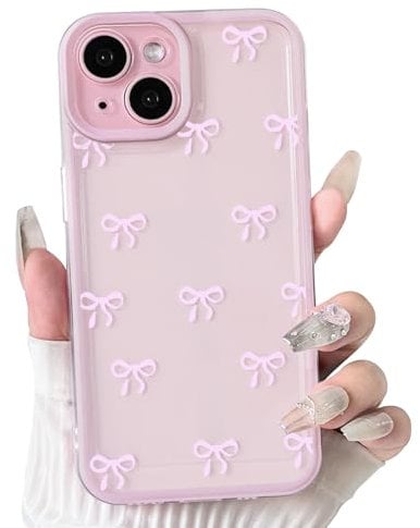 NITITOP Compatible with iPhone 15 Plus Case Cute Clear Pink Durable Ribbon Bowknot Pattern for Girls Women Soft TPU Transparent Full Camera Lens Shockproof Protective Phone Cover - Pink