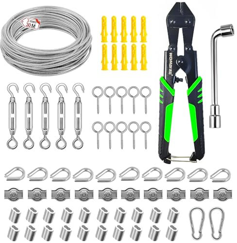 70 Pièces Cable Inox Jeu, Acier Inoxydable 304, 30 m Recouvert de PVC 3 mm Cable Acier, Jeu de Tendeurs Cable, pour Guirlandes Lumineuses, Cordes à Linge, Suspension de Corde de Rideau (argent)