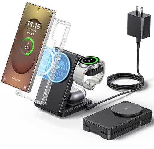 3 in 1 Magnetic Foldable Wireless Charger for Samsung, Fast Mag-Safe Charging Stand Station for Galaxy S25 S24 S23 Ultra Plus/Z Fold/Flip 7/6/5, Galaxy Watch Ultra/8/7/6/5/Pro, Galaxy Buds/Pro