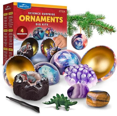Blue Marble Wissenschaftliche Weihnachts-Dekokugeln – 4 Ornamente mit Edelstein- und Dinosaurier-Ausgrabung, inkl. Werkzeug und Lernheft