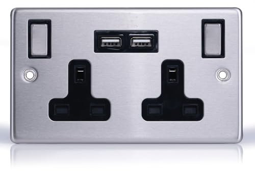 Status Stainless Steel Double Switched Power Plug Wall Socket with 2 x USB Ports, 13 Amp, 2 Gang, Wall Socket, Screw Through, Pack of 1 (SSS2G13A2USBSWS8)