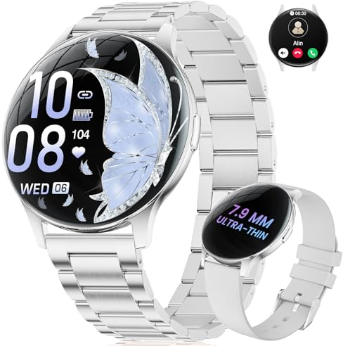 LIGE Smartwatch Damen Rund, 1.43 AMOLED Ultradünn Smart Watch mit Telefonfunktion, 100+ Sportmodi/Menstruationszyklus/Schlaf/IP68 Wasserdicht Fitness Tracker für iOS Android, Silber Steel