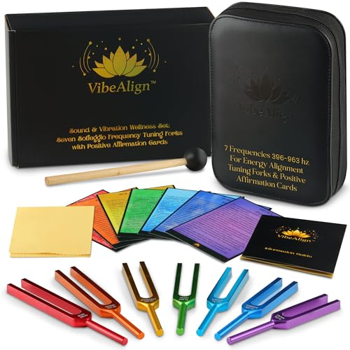 VibeAlign Tuning Forks Set with Positive Affirmation Cards for Vibration & Frequency Wellness- 7 Piece Solfeggio Frequency Color Coded Sound Instruments with Protective Case, Mallet, Cloth, and Guide.