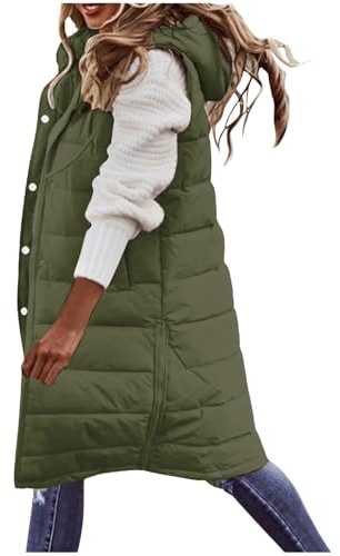 Women'S Puffer Long Gilets Padded Womens Winter Long Sleeveless Jacket Solid Color Full Zip Hooded Gilet Plus Size Outdoor Waterproof Jackets With Pockets Winter Warm Quilted Vest Ladies Body Warmer