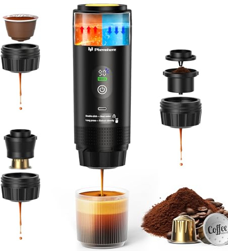 6-in-1 Portable Electric Espresso Machine–20Bar Self‑Heating camping coffee maker with 7500mA Battery,Display,compatible with Large/Small Capsules&Coffee Powder for Travel,Camping,Car&Office