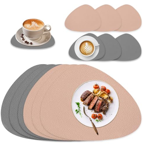 Tischset Leder 6er Set Tischsets Platzsets Abwaschbar Tischsets Abwaschbar Hitzebeständig Doppelseitigen Wasserdicht Platzdeckchen Lederoptik mit Tischuntersetzer, 41 x 33 cm, Grau und Rosa