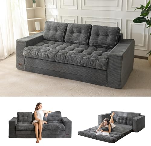 MAXYOYO Bodensofa Schlafsofa 190cm Breit mit Kissen, 2-in-1 Klappbar Cord Sofa 3 Sitzer mit Schlaffunktion, Liegefläche 101x196CM für Wohnzimmer, Schlafzimmer, Lounge