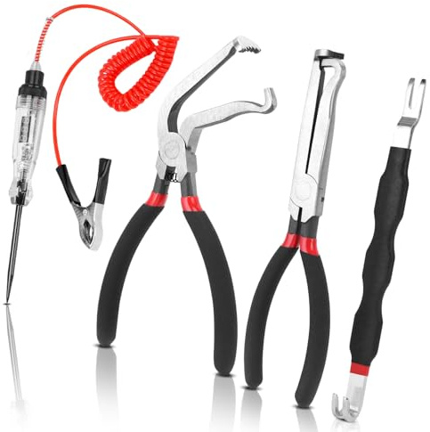 WODHMIEY 4 Set Automotive Electrical Connector Removal Pliers Test Kit Straight 60 Degree Angled Disconnect Tools Dual End Pry Tool LED Voltage Tester Alligator Clamp for Car Truck SUV Van Engine Bay