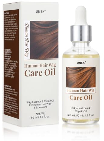 UNEK Aceite de Cuidado para Pelucas de Pelo Natural, Extensiones y Cortinas de Pelo | con Aceite de Argán, Protector Térmico y UV, Antiencrespamiento, Previene Puntas Abiertas 50ml