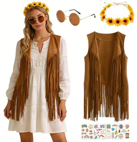 Buyzzus Hippie Kleidung Damen 70er 80er Jahre Hippie Kleidung Kostüm mit Fransenweste ärmellos Sonnenbrille Tattoo Sticker Stirnband Halskette, Disco Damen Outfit für Karneval Faschingskostüme