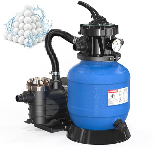 LEADZM Sandfilteranlage Pool 7900 L/H inkl. 400g Filterbälle, Poolpumpe Sandfilter mit 7 Wege Ventil, Pool Filteranlage Sandfilter mit Manometer für Becken bis 28000 L (Blau)
