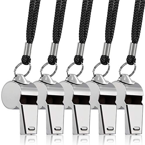 5 Stück Edelstahl Pfeifen Pfeife, FineGood Laut Metall Schiedsrichter Trainerpfeife Coach mit Schlüsselband für Rettungsschwimmer Überleben Emergency Fußball Basketball Fußball Hockey - Silber