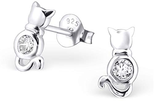 Monkimau Mädchen Ohrringe Katze Ohrstecker aus 925 Sterling Silver echt Silber mit 2 Kristallen