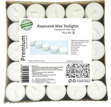 Pack of 75 Premium Natural Tealights – 7-Hour Burn Time Each Tea Light – 100% Rapeseed White Wax – in Clear Cup Candles Vegan Wax Non-Toxic – Paraffin & Lead Free