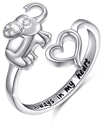 Flyow 925 Sterling Silber Schmuck Verstellbar Open Tier Ring für Damen und Mädchen (Elefant und Herz)