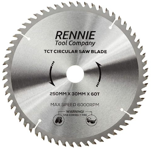 Rennie Tools - 250mm x 30mm x 60T TCT Circular Wood Saw Blade Includes 25mm 20mm & 16mm Bore Reduction Rings. Compatible with Bosch Makita Dewalt Circular Saw Etc. Fits 255mm Circular Saws