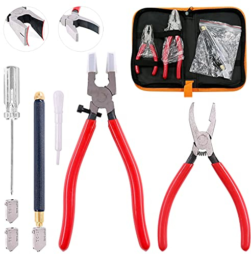Swpeet Kit d'outils de coupe de verre 9 pièces, pince à épiler et pince courbée, kit de pinces à verre avec embouts en caoutchouc, coupe-verre à pointe en carbure d'alimentation en huile, 2 lames avec