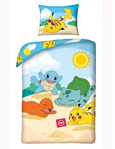 Halantex Pokemon Bettwäsche Set Pikachu Kinder 2tlg. Bettwäsche 140x200 + 70x90 cm Kissenbezug beige blau gelb Baumwolle Öko-Tex
