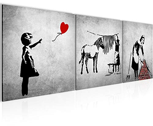 Runa Art - Bilder Banksy Street Art 120 x 40 cm 3 Teilig Wandbild auf Vlies Leinwand Schwarz Weiss Mehrteilig Modern 029233a