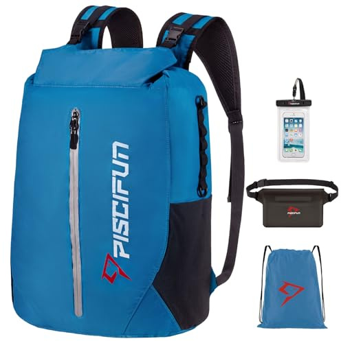 Piscifun Dry Bag Wasserdichter, schwimmender Trockenrucksack, leicht, wasserdicht, mit Hüfttasche und Handyhülle, für Kajakfahren, Camping, Strand, Bootfahren & Schwimmen, für Damen und Herren