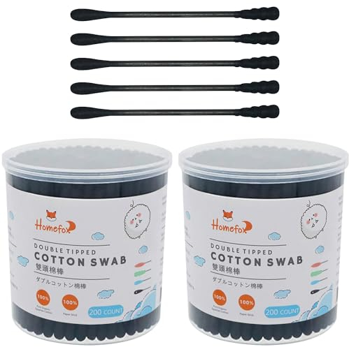 HOMEFOX Black Cotton Swabs Spiral - 400 Count Organic Cotton Buds Double Side Tightly Wrapped Charcoal Cotton Tips Paper Stick Soft Gentle Cruelty-Free Lint-Free Goth Bathroom, Round & Spiral (Black)