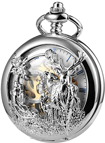 TREEWETO Unisex Taschenuhr Analog Handaufzug Retro Rentier Skelett Römische Doppel-Cover Taschenuhren mit Kette für Herren, Silber