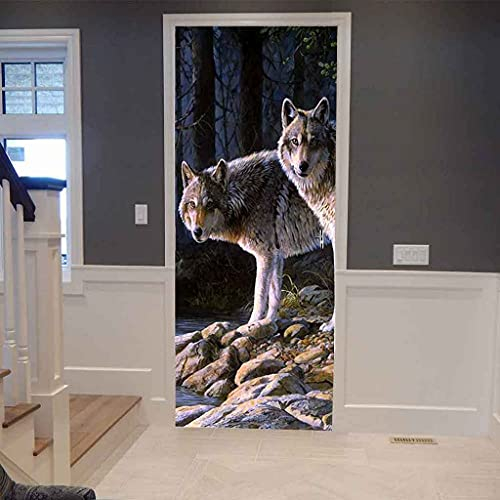 JGCAI 3D Türaufkleber Wohnzimmer Schlafzimmer Badezimmer Waldtier Wolf Türtapete Türposter 95x215cm Wandbilder Selbstklebend Tür Poster Vinyl Entfernbar Mauer Aufkleber Zuhause Dekor