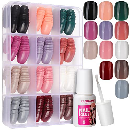 Press on Nails Short, FANDAMEI 12 Packs 288PCS Glossy Small Acrylic Short Fake Nails Full Cover, Short Glue on Nails for Small Finger