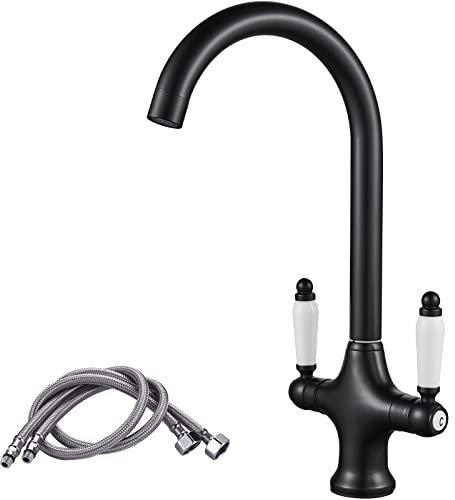 NewEast Black Kitchen Tap, Monobloc Dual Lever Swivel Spout Swan Neck Kitchen Sink Mixer Taps