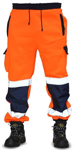 Mega_Jumble Men's Hi Viz Vis Safety Workwear Trouser High Visibility Security Work Pants Thick Brush Fleece Sweatpants Bottom Joggers (Orange/Navy, 5XL)