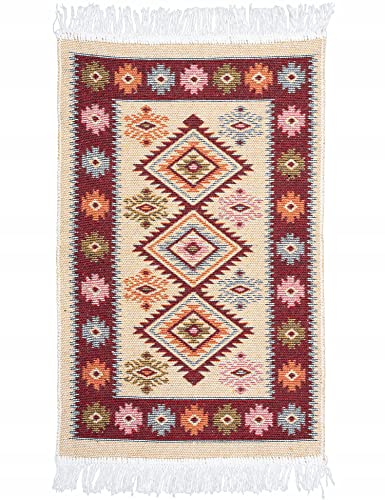 e-floor Teppich für Wohnzimmer Baumwolleteppich | Gewebt | Doppelseitiges Muster | Boho Kelim Teppiche | Teppichläufer | Küchenteppich | Schlafzimmer | Kastanienbraun Rhomboid | 50x80 cm